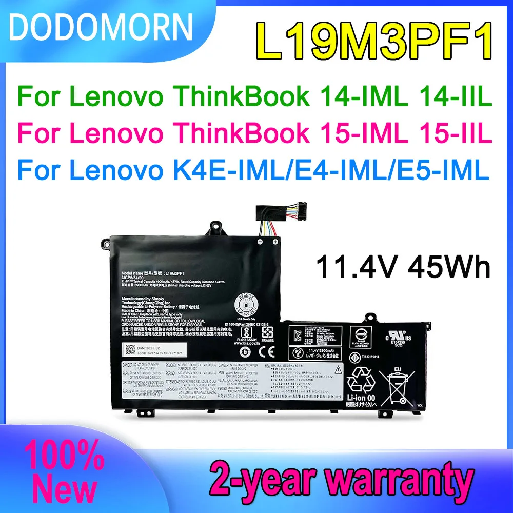 

DODOMORN 11.4V 45Wh L19M3PF1 L19C3PF1 Laptop Battery For Lenovo ThinkBook 14-IML 14-IIL 15-IML 15-IIL,K4E-IML E4-IML E5-IML