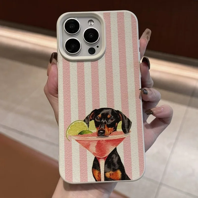 Pink Striped Puppy Cocktail Pattern Phone Case – Trendy Brand Design Cover
