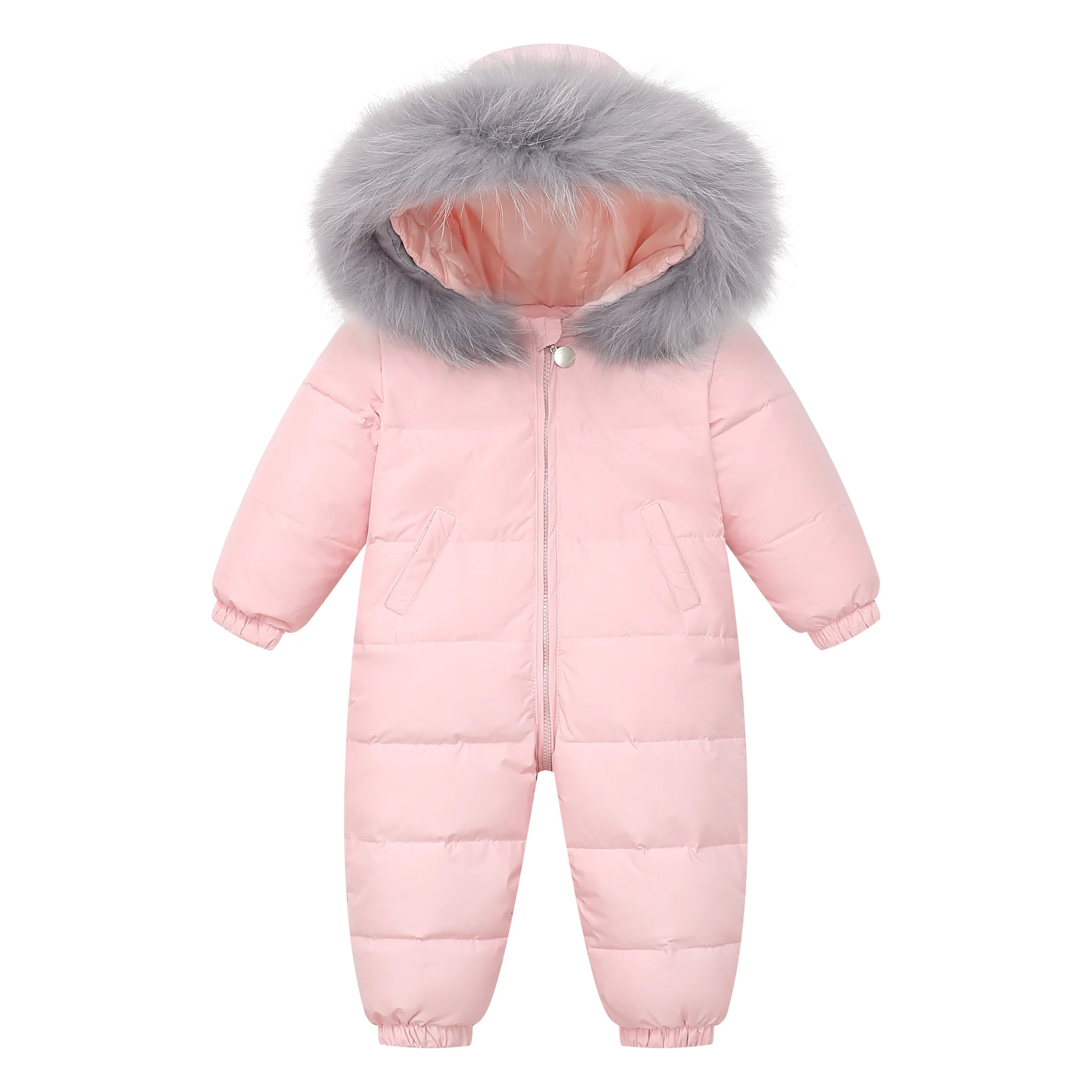 RAISE Winter Baby Boy Down Jumpsuit Real Raccoon Fur Hooded Baby Girl Snowsuit Toddler Boy Winter Romper Infant Overalls Outfits