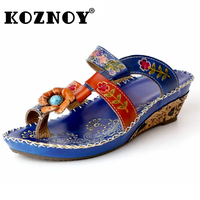 

Koznoy Flower Slippers 5.5cm Appliques Print Flats Big Size Multicolor Cow Genuine Leather Ethnic Clip Toe Women Summer Shoes