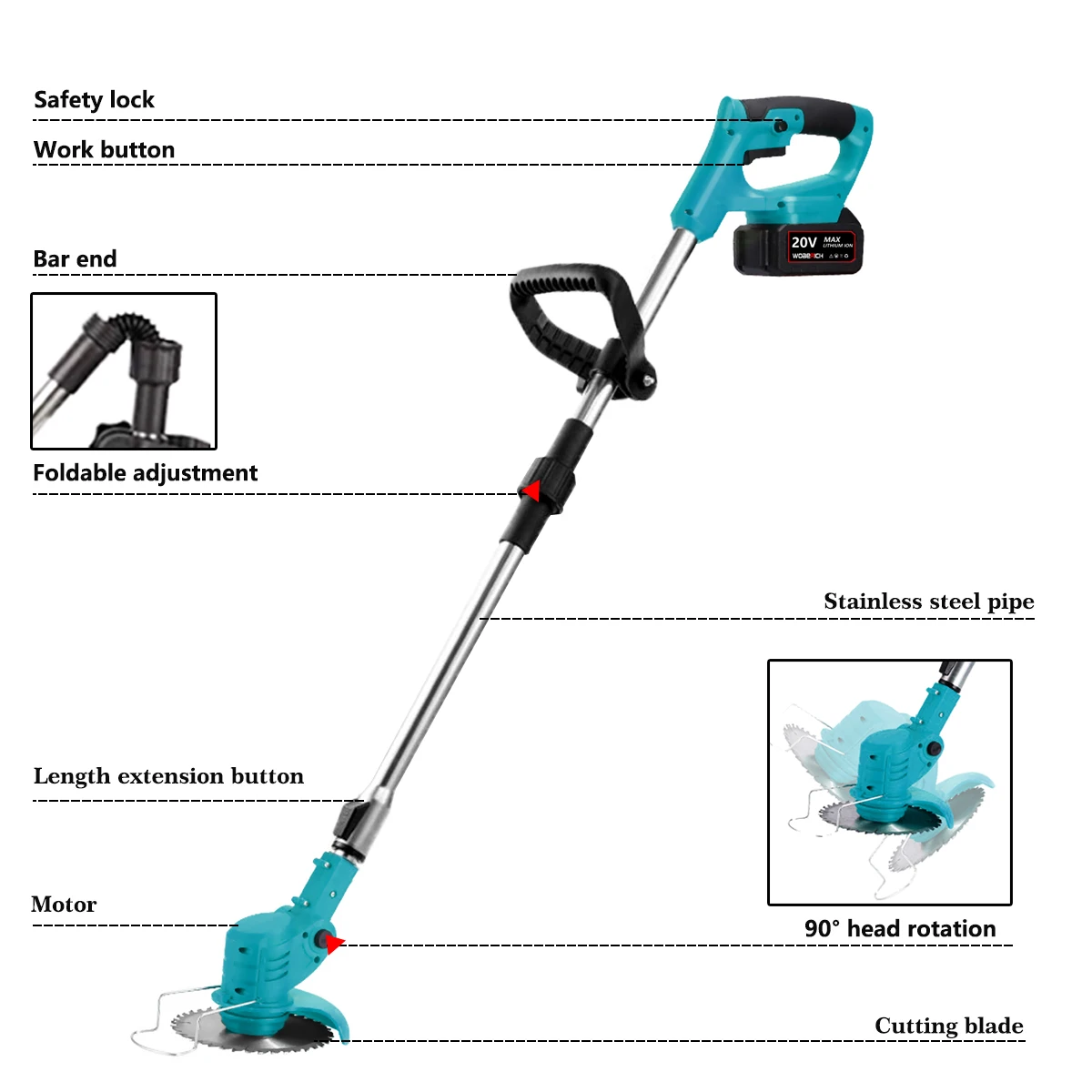 Description Picture 6 of itemCordless Electric Lawn Mower Foldable Grass Trimmer Adjustable Garden Pruning Cutting Power Tools For Makita/WOBERICH Battery