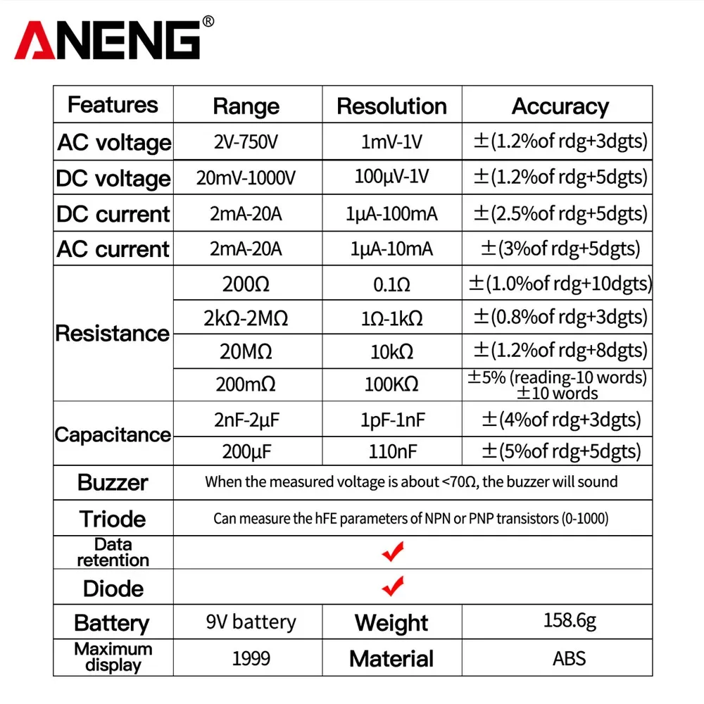  ANENG DT9205A   RMS  Ƽ  AC/DC  ׽, hFE  Ŀн    