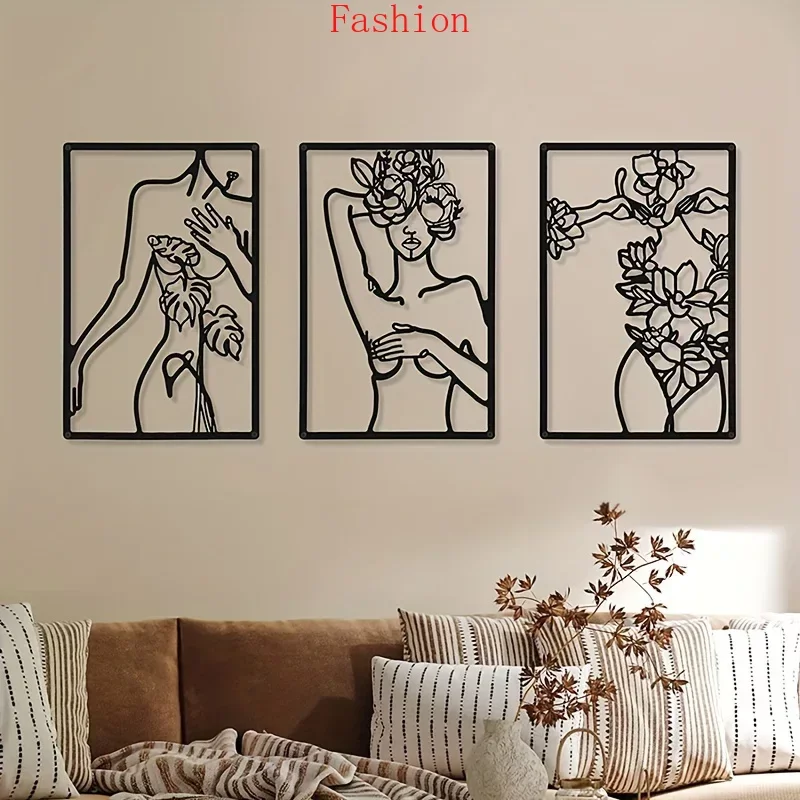 

3pcs Minimalist Abstract Woman Home Art Metal Line Drawing Wall Decor in Bedroom Kitchen Bathroom Living Room Wall Decoration
