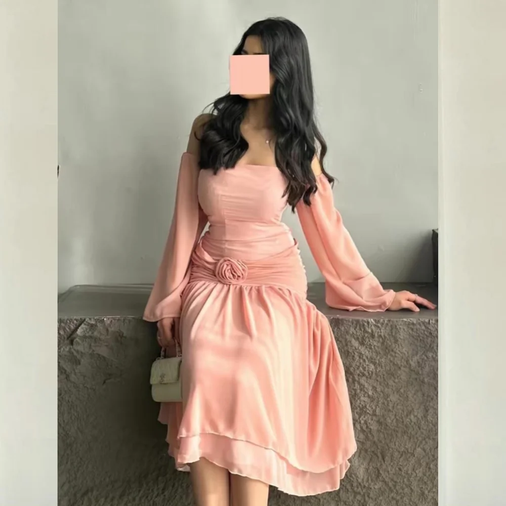 Jiayigong  Prom Chiffon Flower Evening A-line Strapless Bespoke Occasion Gown Midi Dresses