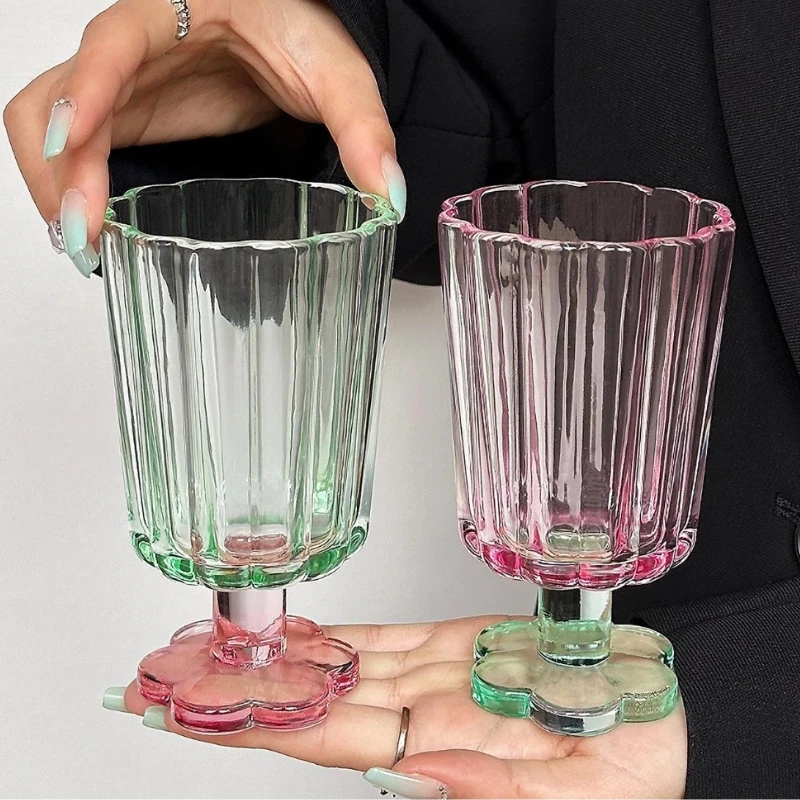 1pc 250ml Floral Style Glass Cup Unique Shaped Wine Glass Cute Boba Tea Coffee Mug Home Bar Glassware Summer Holiday Gifts