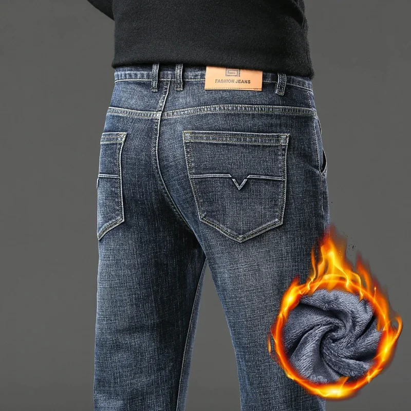 Men Jeans Retro Winter New Fleece Slim Stretch Jeans Fashion Warm Straight Casual Plush Thick Velvet Male Brand Denim Trousers 2