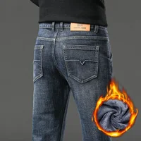 Men Jeans Retro Winter New Fleece Slim Stretch Jeans Fashion Warm Straight Casual Plush Thick Velvet Male Brand Denim Trousers 2