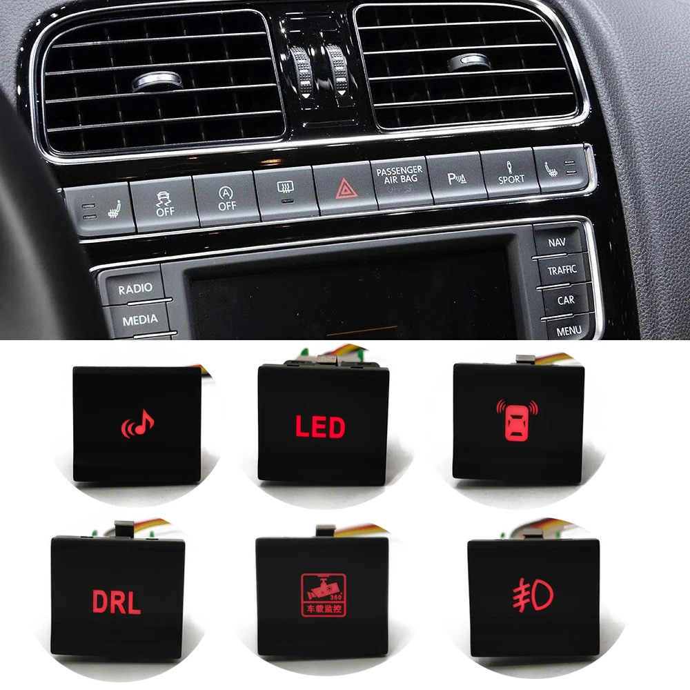 

Car Red LED Light Music Radar DRL Camera Front Fog Lamp Switch Push Button Switch for vw polo 6c 2014 2015 2016