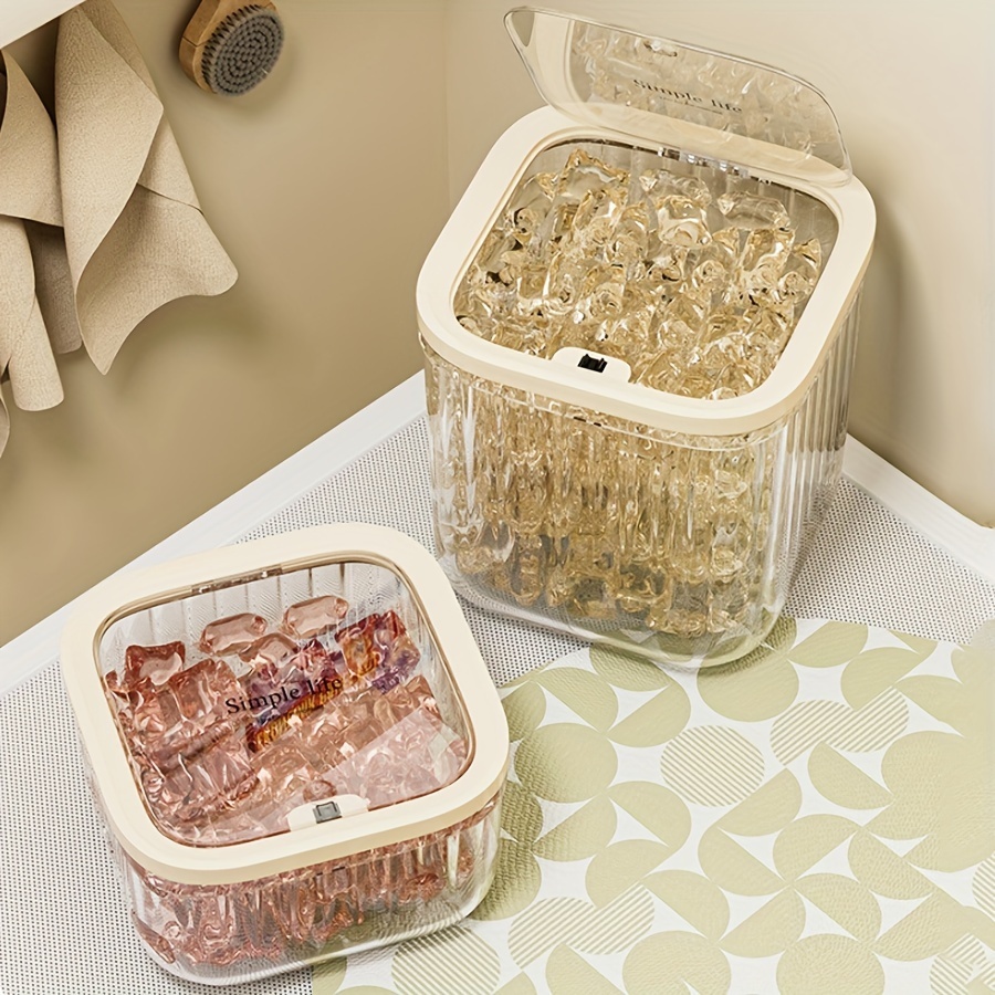 Clear Laundry Capsule Dispenser - Odorless plastic storage container for detergent and dryer sheets, flip-top organizer