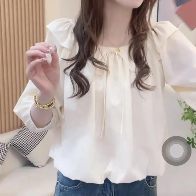 Spring and Autumn New Women's Pullover Solid Color O-Neck Tie Up Spliced Ruffles Fashion Versatile Loose 3/4 Sleeve Shirt Tops