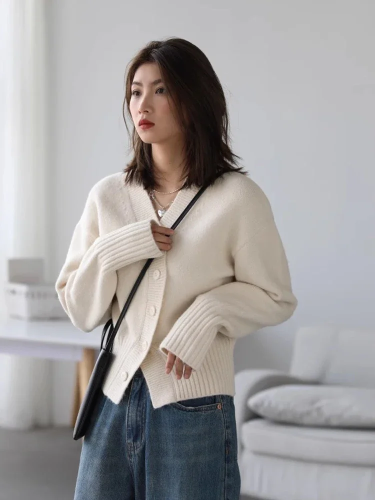 CHIC VEN 여성용 V넥 가디건, 불규칙 단색 짧은 니트 스웨터, 여성 상의, 여성 의류, 가을 겨울 2022