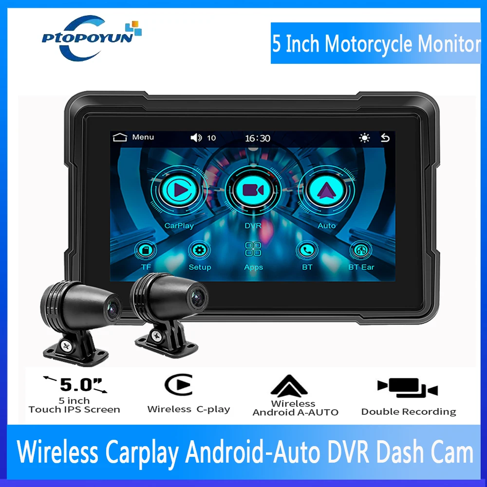 Ptopoyun Portable 5 Inch Motorcycle GPS Navigation Wireless CarPlay Android Auto IPX7 Waterproof Touch Screen Display Dash Cam