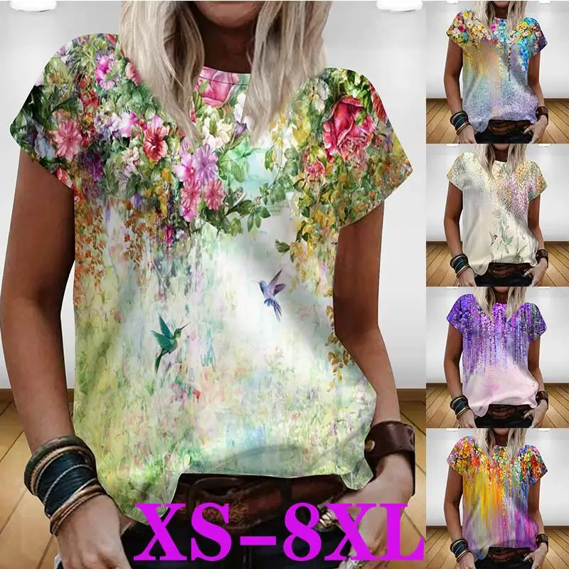 

New Style Ladies Polyester Short-sleeved T-shirt Summer Loose Casual Shirt Plus Size Clothing Printing Top T-shirt