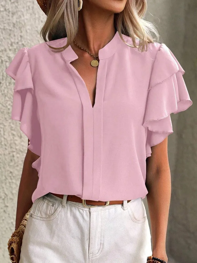 Women\'s Shirt Summer Fashion V-neck Ruffle Short Sleeved Pullover New Office Lady Casual Blouse Women Tops Boho Female Clothing