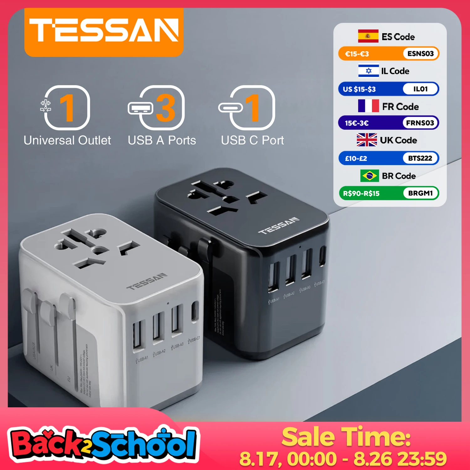 Universal Travel Adapter with USB and Type C Ports