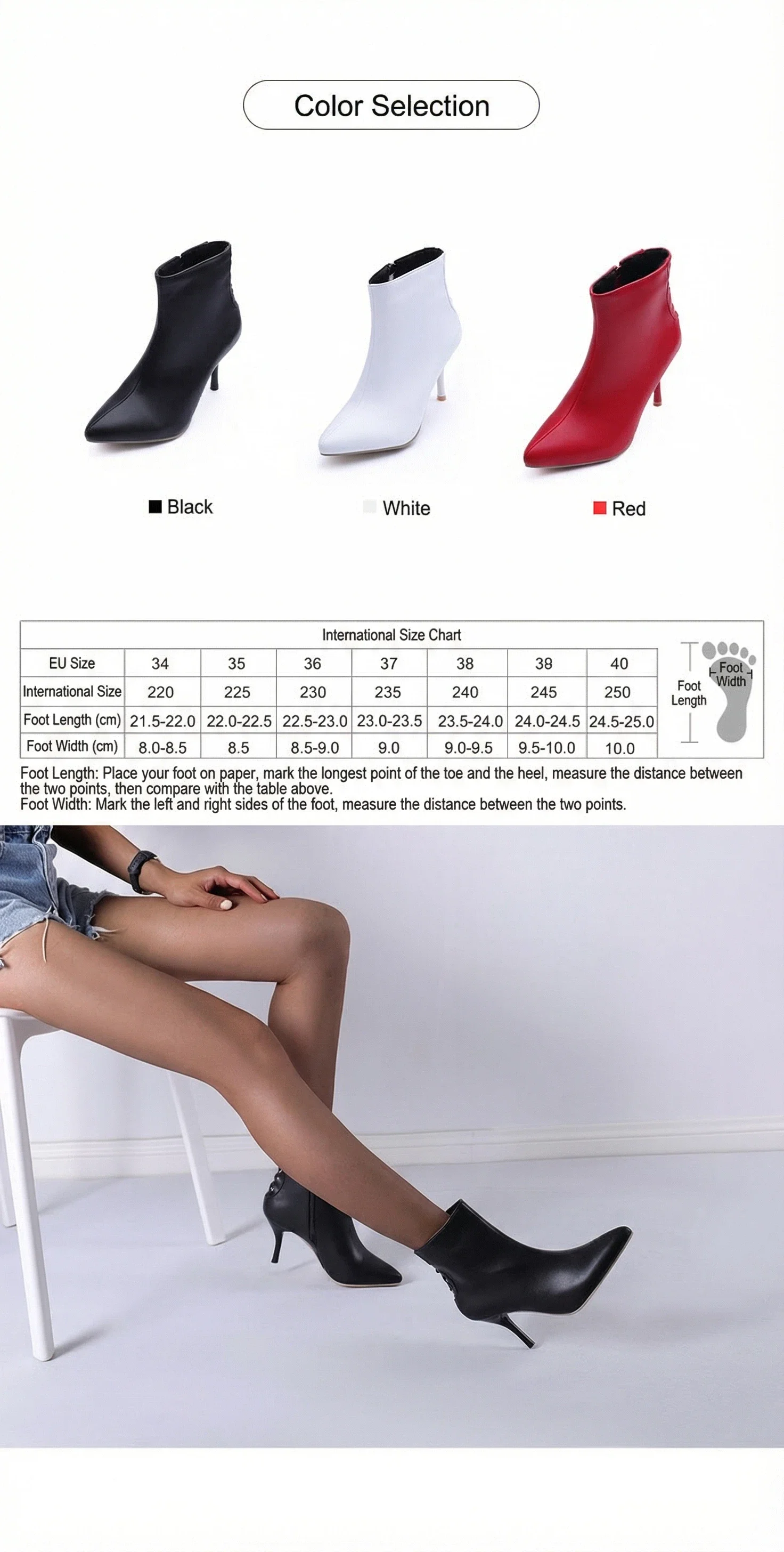 Rote Damenstiefel, kurze Stiefel, weiß, schwarz, elegantes Damengeschenk, luxuriöser Designer-Stil, neue Damen-Stiefeletten für Herbst und Winter, hohe Absätze, spitzer Zehenbereich, Stiletto-Absatz, Reißverschluss-Sti – Detail 1