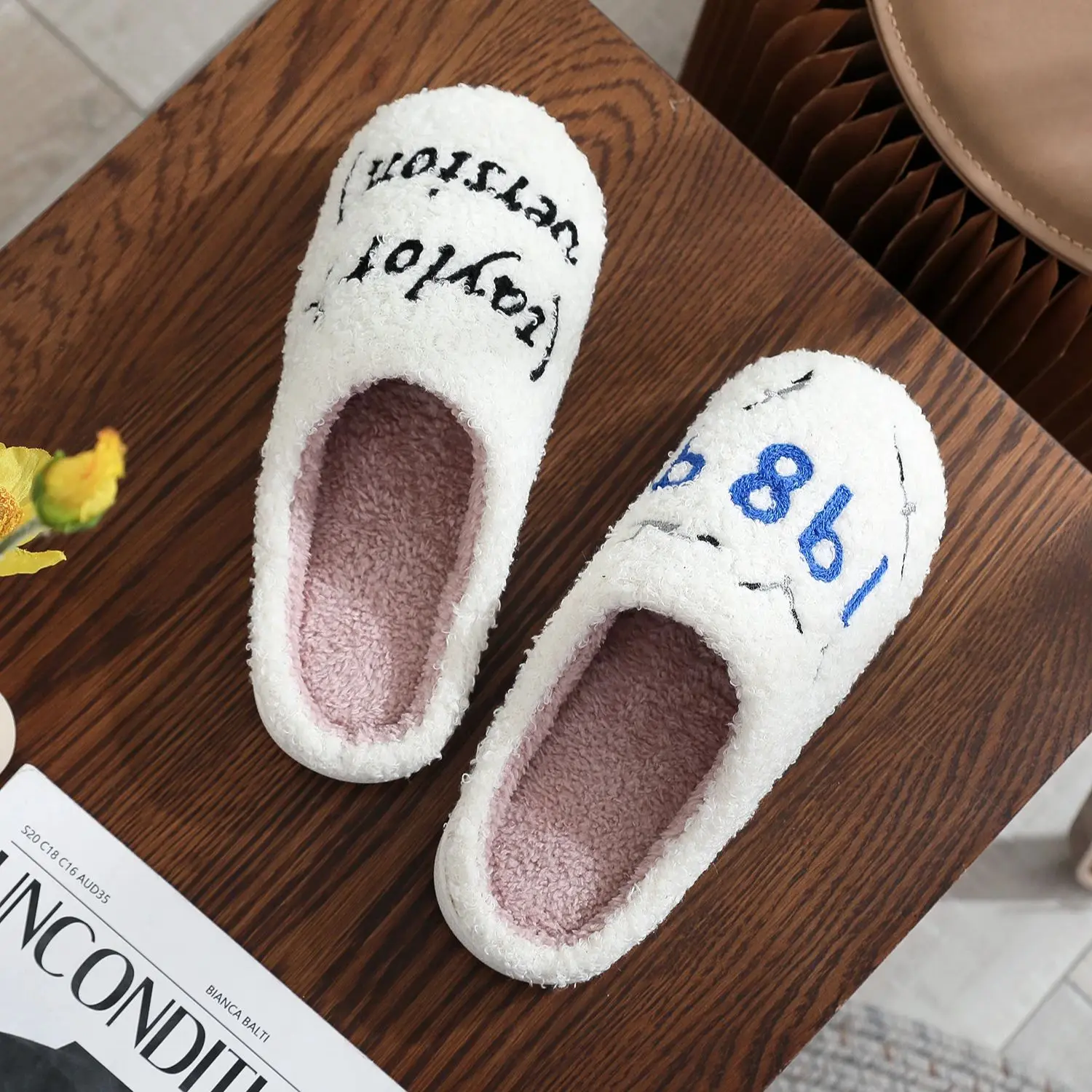Music Idol 1989 Taylor Letter Embroidery stuffed Home Thick Sole plaid Furry Cotton Slippers Cute Warm Non-slip Indoor Slippers Gift for Friends 2