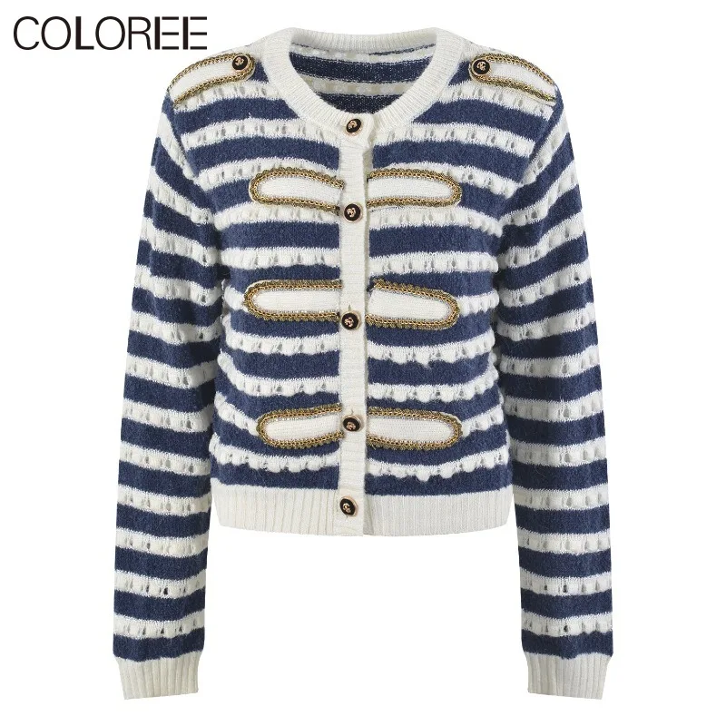 

Loose Casual Tops for Women 2023 Autumn Winter Vintage Blue Striped Knitted Sweater Mujer Oversized Cardigans Para Mujer