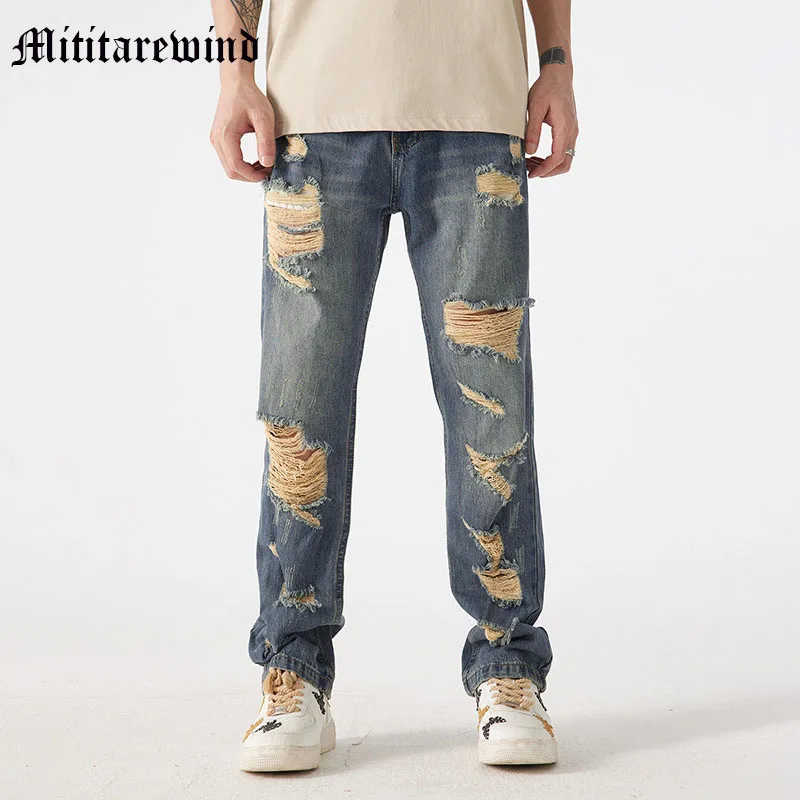 

Original Design Hole Ripped Jeans For Men New Arrival High Street Casual Sumer Hip Hop Light Blue Pants Punk Style Trousers Y2k