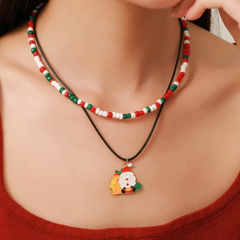 Christmas Necklaces for Women Girls Handmade Rice Beads X'mas Tree Santa Claus Snowman Pendant Chains New Year Jewelry Gifts