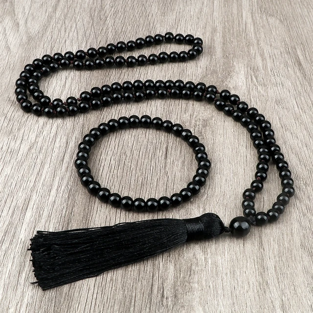 Matte ; Shiny Black Onyx 108 Japamala Beads Necklaces for Women Men Handmade Knotted Rosary Jewelry Set Yoga Meditation Bracelet