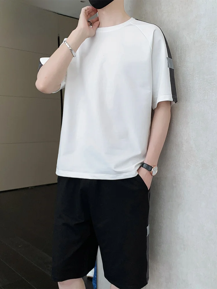남성용 아이스 실크 캐주얼 스포츠웨어 세트, 루즈핏 반팔 티셔츠와 반바지 투피스 수트, 여름용 경량 폴리에스터 소재