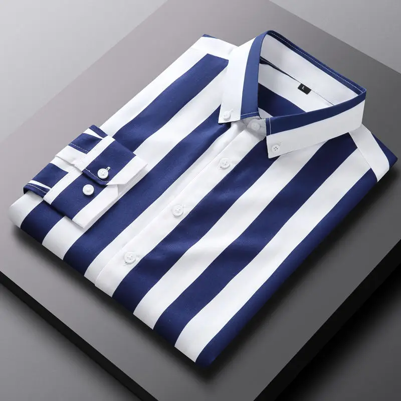 Men Casual Shirts Fashion Lapel Button Loose Korean Striped Shirts Men Autumn Casual Tops