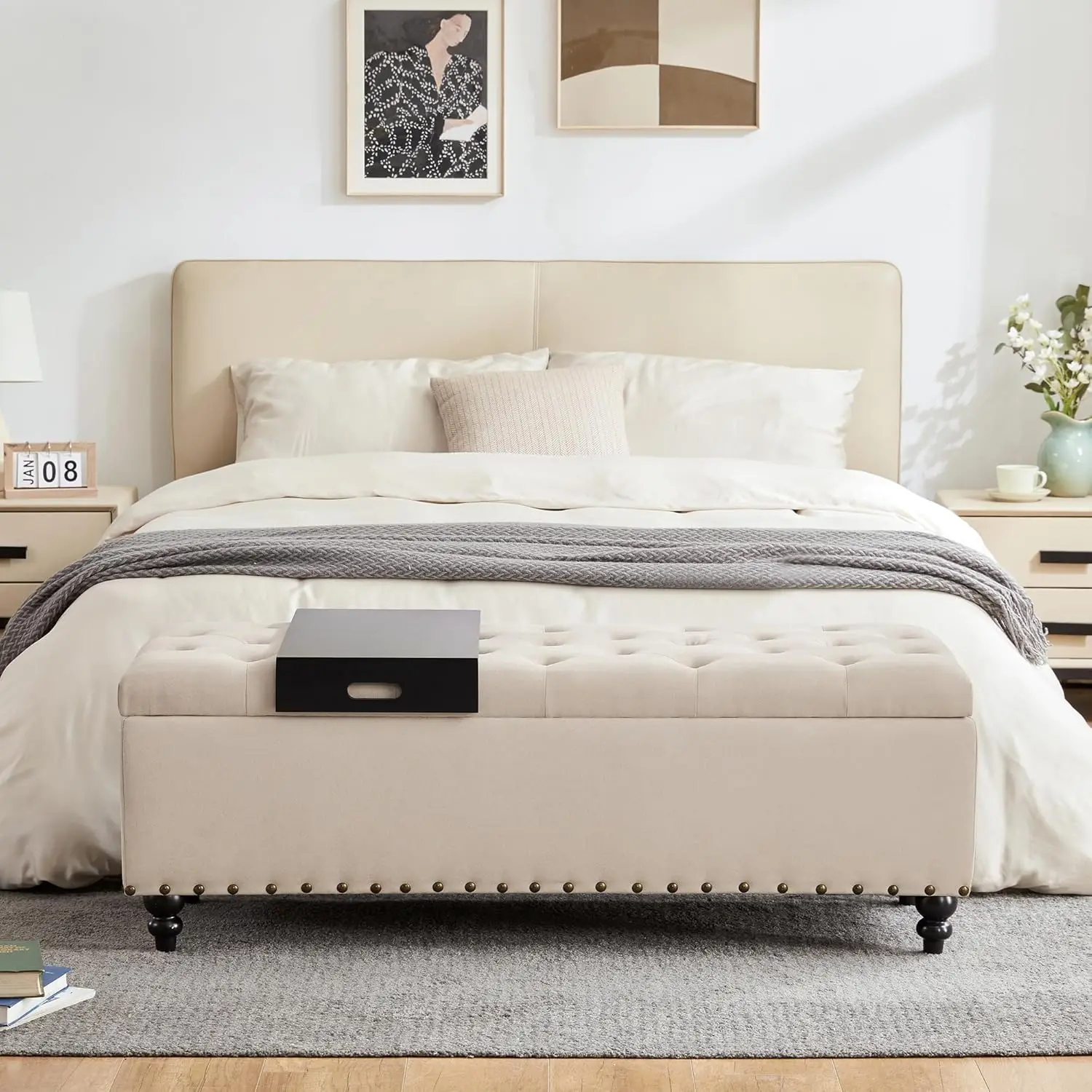 51-inch Storage Ottoman Bench with Removable Tray, Bedroom Bench with Button-Tufted, Safety Hinge Ottoman in Upholstered Fabrics