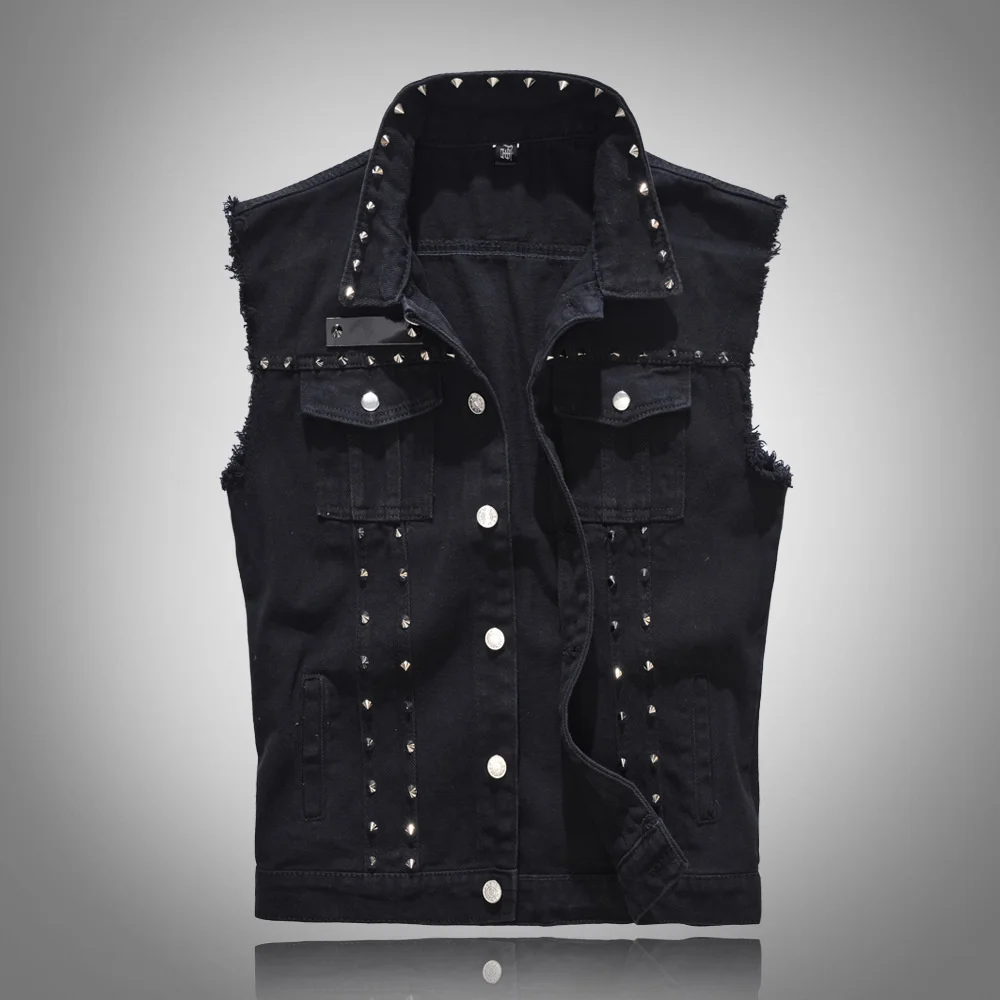 Spring Denim Vest Men Punk Rock Rivet Cowboy Jacket Waistcoat Fashion Motorcycle Sleeveless Hip Hop