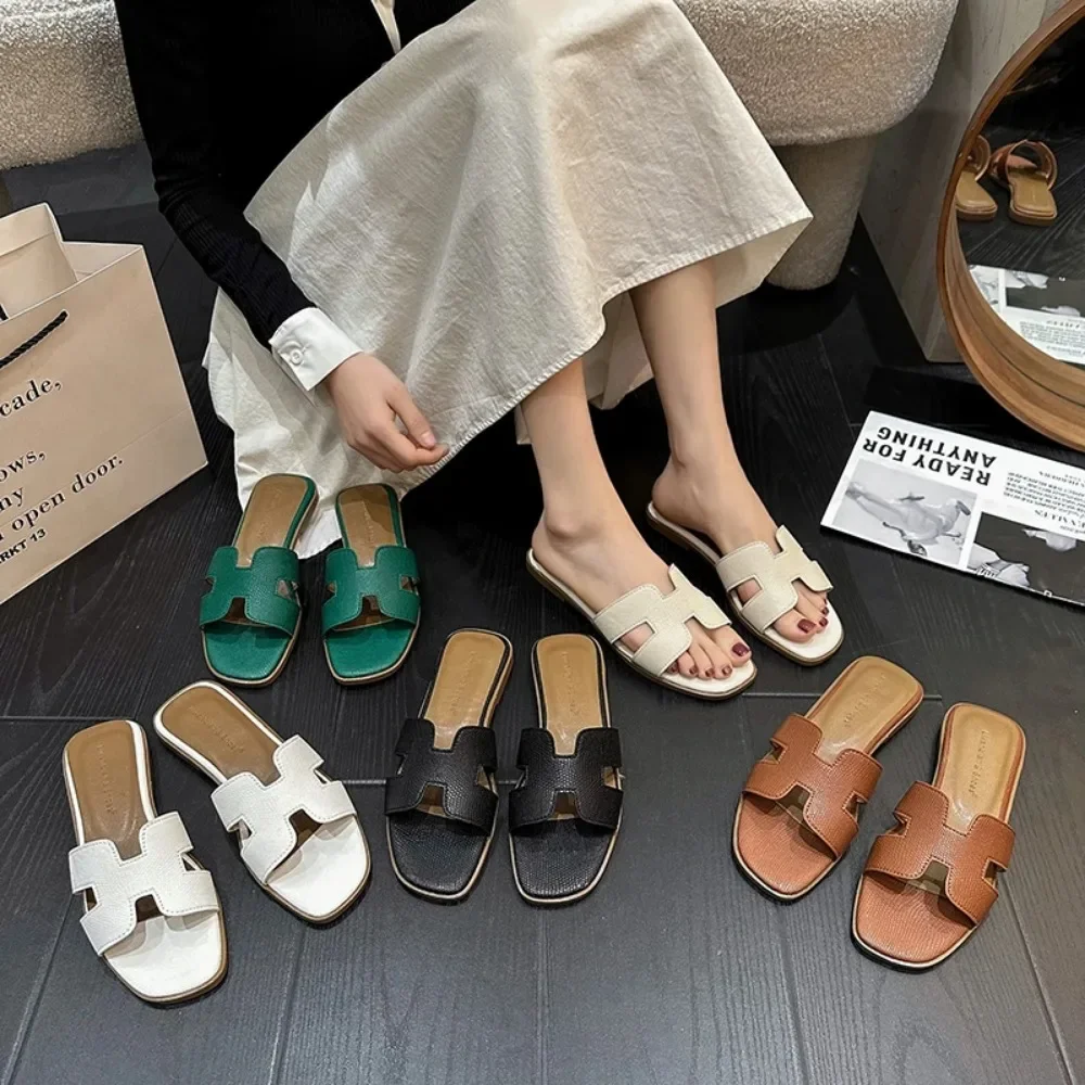 Womens Slippers Fashion Flat Solid Color Women's Flip Flops 2024 Summer New Elegant Leather Beach Dress Zapatos De Mujer Zapatos