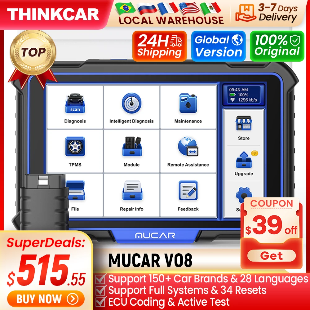THINKCAR MUCAR VO8 전문 자동차 진단 도구, Obd2 스캐너, 자동차 진단 ECU 코딩, Obd 2 전체 시스템, 34 리셋