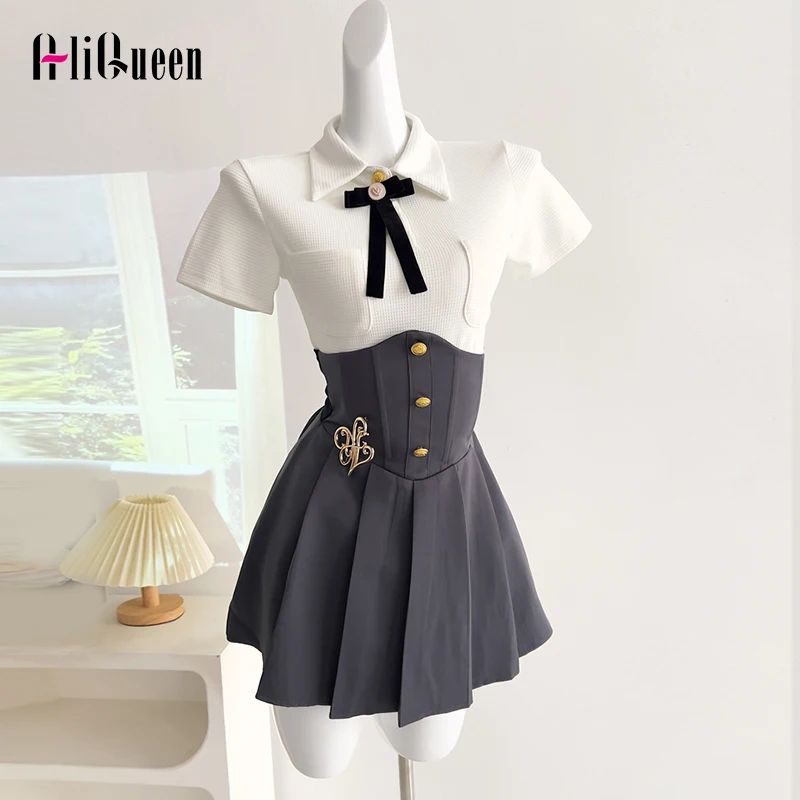 

Женский летний комплект из 2 предметов в стиле преппи, белая рубашка с коротким рукавом и бантом, женский короткий топ + плиссированная мини-юбка с высокой талией