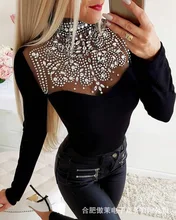 

Women's Hot Drilling Mesh Stitching Slim Top Womens Tops