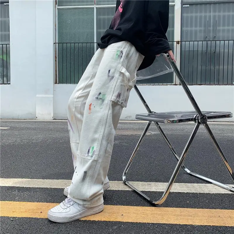 White Graffiti Hip Hop Jeans Woman Autumn Cargo Pocket Harajuku Trend INS Straight Loose High Street Jeans Washed Vintage