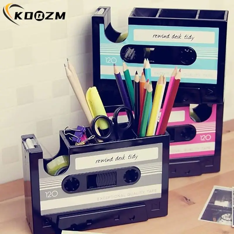 

2 In 1 Multifunctional Pen Holder Creative Office Desk Stationery Organizer Retro Cassette Tape Dispenser Pen Holder Gift