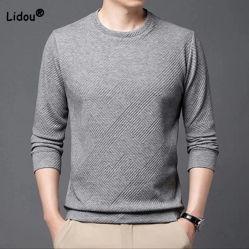 

trend All-match men's Solid Long Sleeve Tops spring autumn Casual handsome Round neck jacquard weave pullovers Male Clothes