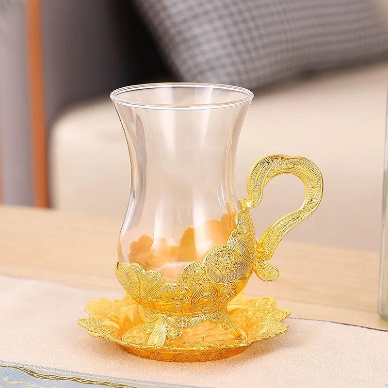 

Gold Coffee Cup And Saucer Set Royal Court Exclusive Floral Pattern Glassware Luxury Arabic ESPRESSO Demitasse Mug Dish Suit
