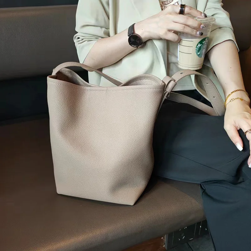 New Elegant Pure Blue Solid Color Bucket Bag Medium Fashion Cowhide Leather  Women Shoulder Bag OL Office Lady Business Handbag - AliExpress