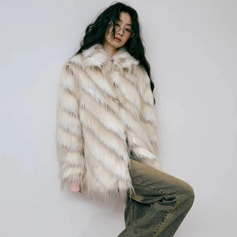 Autumn Winter Fur Coat Women Puffy Jacket Vintage Thickened Warm Windbreaker Streetwear Faux Fur Jacket Long Sleeve Outerwear