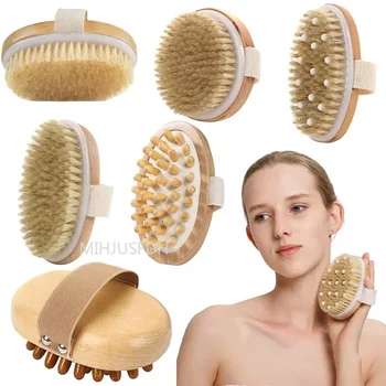 2 in 1 Spazzola per massaggio corpo pelle secca Setole naturali Rimozione pelle morta Anticellulite Esfolia la circolazione sanguigna Strumenti per massaggio