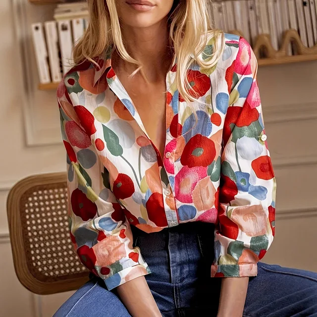 2025 European and American 3D digital printed women's fashionable long sleeved shirt, new hot selling floral top, gorgeous 1