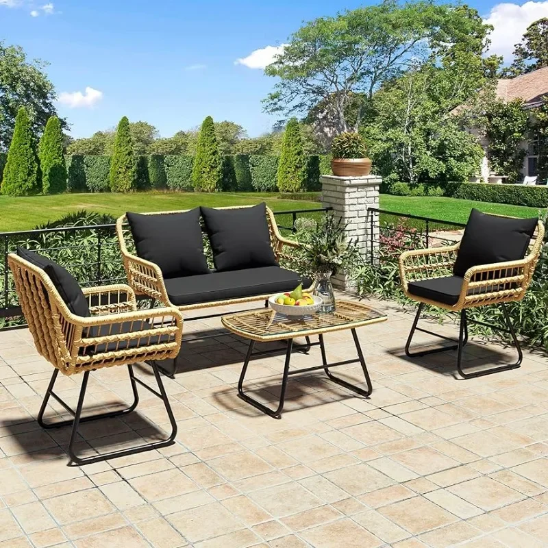 

4-Piece Patio Furniture Wicker Outdoor Bistro Set, Rattan Conversation Loveseat Chairs with Metal Table (Light Brown+Black)