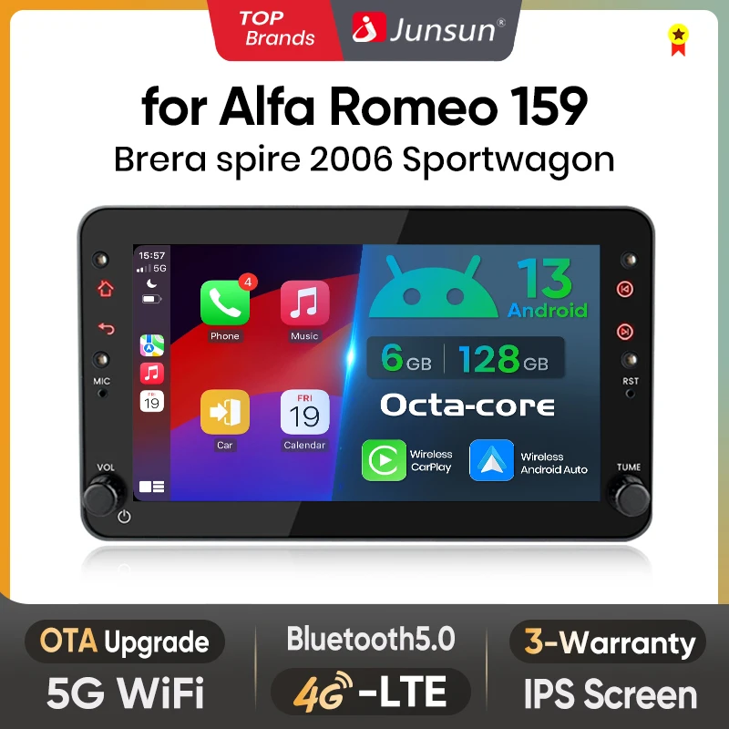 Junsun 7" Wireless Carplay Android Auto Autoradio für Alfa Romeo 159 Brera Spider Sportwagon Stereo GPS Multimedia Player FM SWC