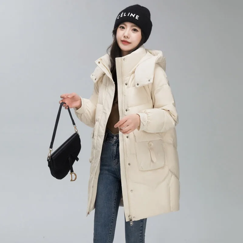 2023 New Women Down Jacket Winter Coat Female Mid Length Version Parkas Loose Thick Warm Outwear Hooded Leisure Time Overcoat
