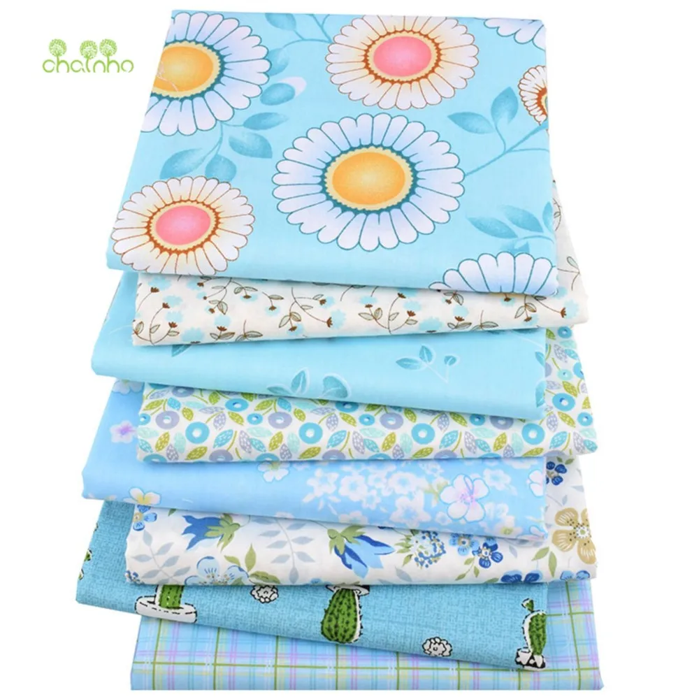 Chainho,Printed Twill Weave Cotton Fabric,DIY Quilting Sewing Material,Patchwork Cloth,Blue FLoral Series,8 Designs,2 Size,CC289