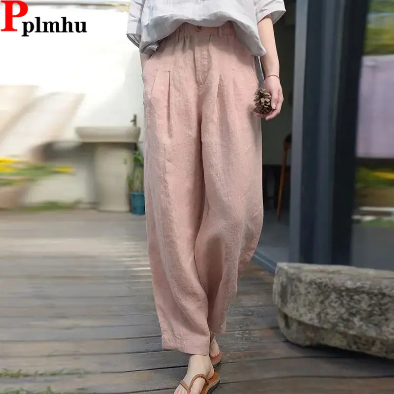 

Thin Casual Wide Leg Pants Women 89-93cm Cotton Linen Trousers Baggy Summer Pantalones Korean Style Elastic High Waist Spodnie