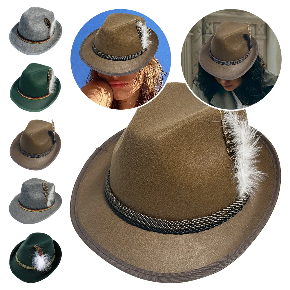 Munich Beer Hats German Oktoberfest Fedora Panama Jazz Feather Felt Hat Halloween Costume Cosplay Cap for Men Woman