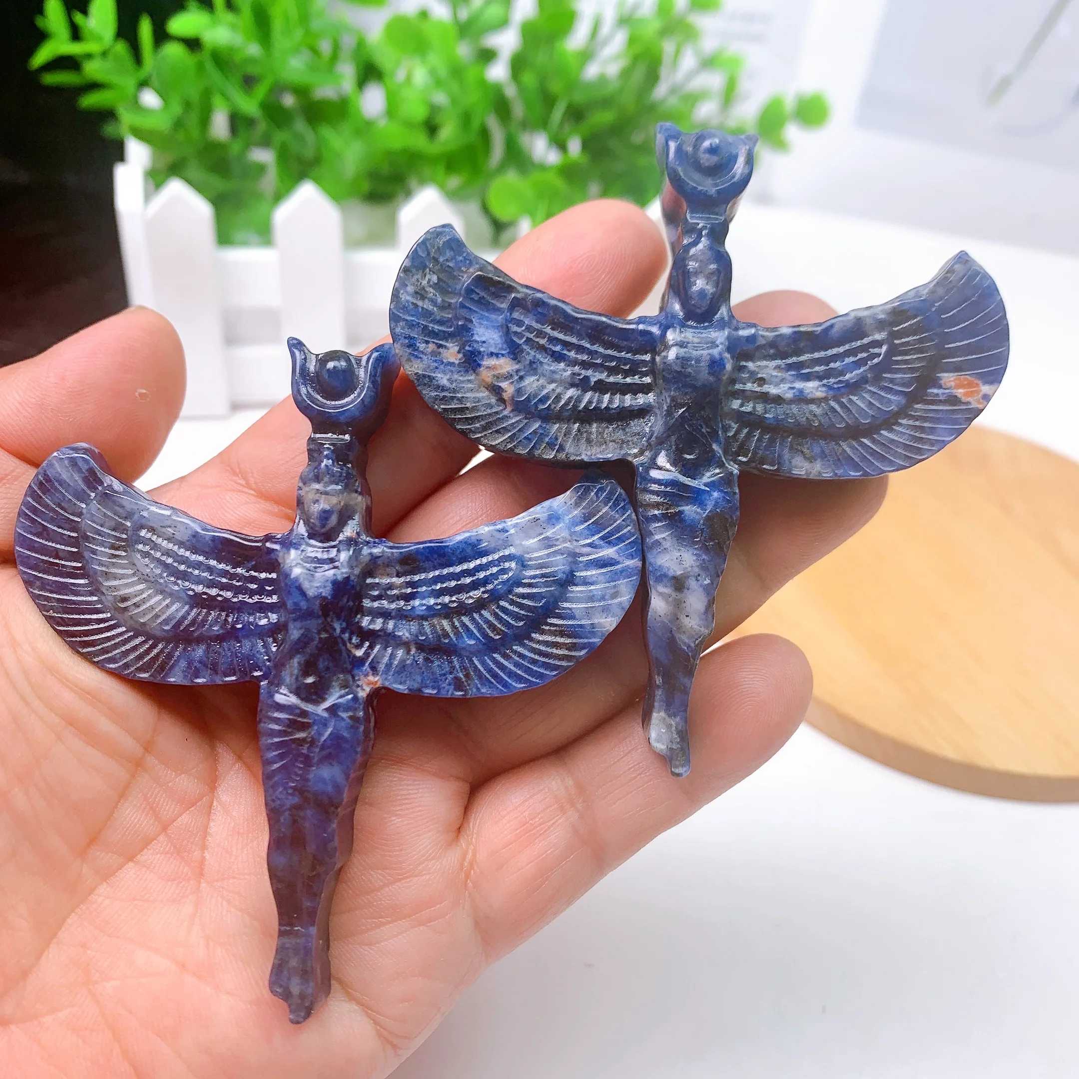 Natural Azul Sodalita Anjo Deusa Cruz Estatueta, Pequena Cura Cristal Gemstone, Escultura Esculpida, Presente Coleção, 8cm, 1Pc