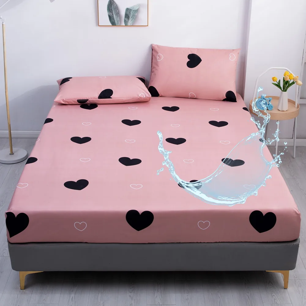 

Pink lovely Heart Waterproof Fitted Sheet Home Bed Cover Sabana Mattress Covers With Elastic (no pillowcase)160*200*25cm