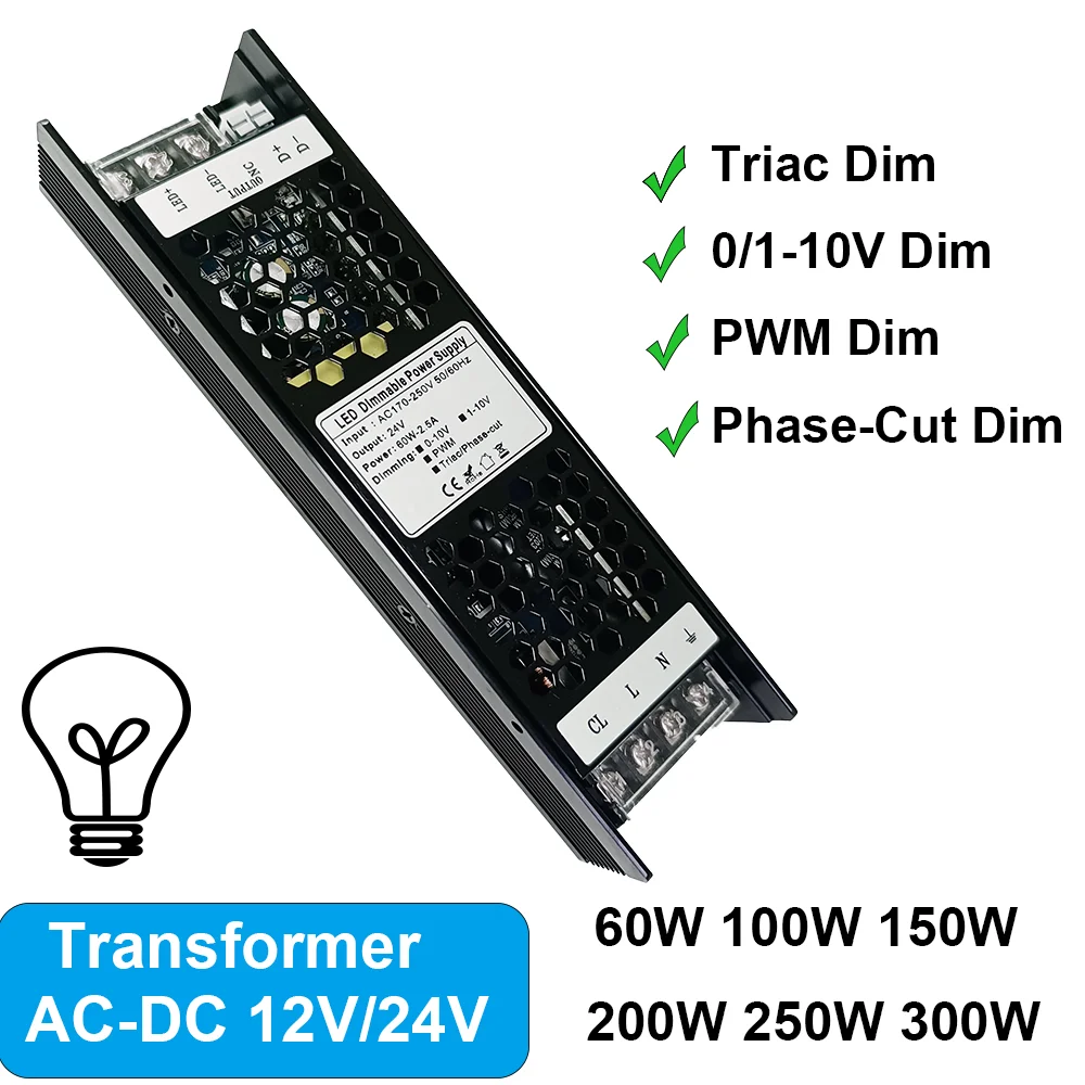 트라이액 디밍 가능 LED 드라이버, 디밍 가능 전원 공급 장치, LED 변압기, 300W, 100W, 60W, 0/1-10V, 12V, 24V, 250W, 12V, 200W